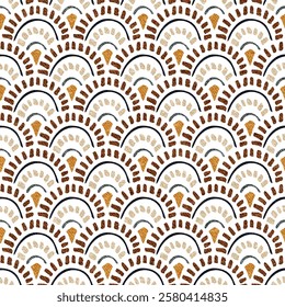 Cute seamless wavy pattern. Vintage print for textiles, packaging, wallpaper. Grunge texture. Seigaiha ornament in polka dot style.