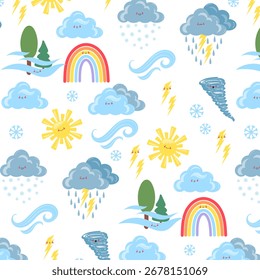 Cute seamless weather pattern with sun, clouds, rainbow, storm, wind, trees and fog. Vector Illustrations. White Background
