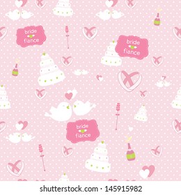cute seamless wedding pattern with doves, cake, rings, flowers