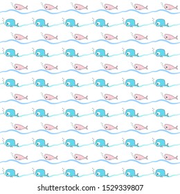 Cute seamless whale pattern - print design of ocean life in white abstract shape Background of children with kids art whales in cartoon style