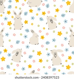 Cute seamless white rabbits with flowers and leaves. Rabbit animal on white background for easter decor
