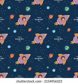 Cute seamless wind pattern. Planets in space and a spaceship