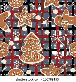 Cute Seamless Winter Background with gingerbread cookies. Winter Illustration.