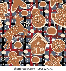 Cute Seamless Winter Background with gingerbread cookies. Winter Illustration.
