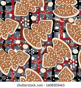 Cute Seamless Winter Background with gingerbread cookies. Winter Illustration.