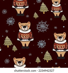  A cute seamless winter pattern with a hand-drawn bear character in the forest, a cozy brown Christmas season background.