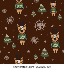 A cute seamless winter pattern with a hand-drawn deer character in the forest, snowflakes, Christmas season