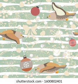 Cute Seamless Winter Pattern with owls and winter doodles. Vector Illustration.