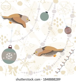 Patrón de invierno sin foco con búhos y garabatos de invierno. Ilustración vectorial.