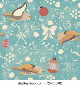 Cute Seamless Winter Pattern with owls and winter doodles. Vector Illustration.