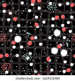 Cute Seamless Winter Pattern with red berries and leaves on white background with tiny dots. Hand Drawn Design. Great for wall art design, gift paper, wrapping, fabric, textile, etc.