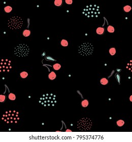 Cute Seamless Winter Pattern with red berries and leaves on white background with tiny dots. Hand Drawn Design. Great for wall art design, gift paper, wrapping, fabric, textile, etc.