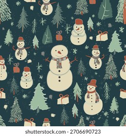 Padrão de inverno perfeito bonito com bonecos de neve, árvores de Natal, presentes e flocos de neve em um fundo escuro. Design de férias festivo acolhedor.