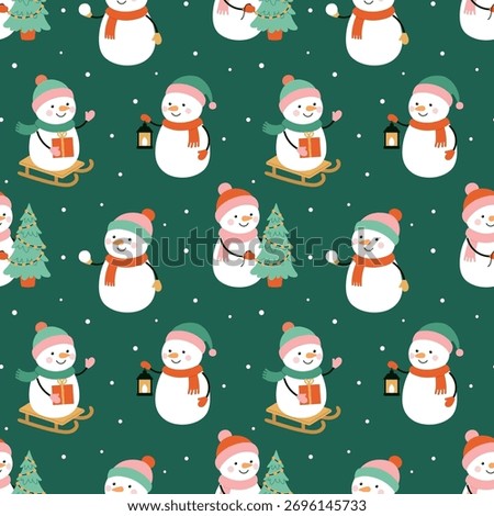 Cute seamless winter pattern with snowmen, gifts, and Christmas trees on green background. Festive illustration for wrapping paper and holiday design.