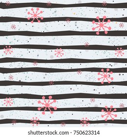 Cute Seamless Winter Pattern with subtle snowflakes on white background with tiny dots and stripes. Hand Drawn Design. Great for wall art design, gift paper, wrapping, fabric, textile, etc.