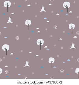 Cute Seamless Winter Pattern with trees, hills and falling snowflakes on subtle brown background . vector Illustration