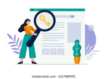 Cute search engine optimization concept. Girl do keywords research to improve website page rank. Flat Vector illustration good for banners, ads, landing pages or other web promotion issue.