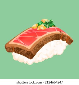 Cute Seared Tuna Toro Maguro Sushi or Nigiri Illustration for Japanese Restaurants, Menus, Stickers Isolated on Green Background, Fun Vector Icon