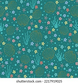 cute seashell and floral seamless pattern design art illustration