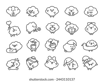 Cute seashell with smiling face. Coloring Page. Kawaii cartoon character. Hand drawn style. Vector drawing. Collection of design elements.