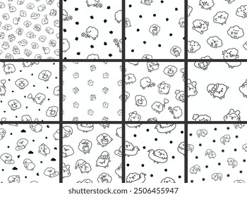 Cute seashell with smiling face. Seamless pattern. Coloring Page. Kawaii cartoon character. Hand drawn style. Vector drawing. Collection of design ornaments.