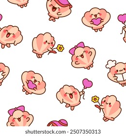 Cute seashell with smiling face. Seamless pattern. Kawaii cartoon character. Hand drawn style. Vector drawing. Design ornaments.