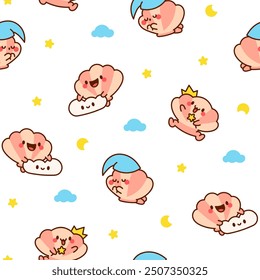 Cute seashell with smiling face. Seamless pattern. Kawaii cartoon character. Hand drawn style. Vector drawing. Design ornaments.