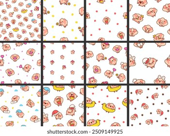 Cute seashell with smiling face. Seamless pattern. Kawaii cartoon character. Hand drawn style. Vector drawing. Collection of design ornaments.