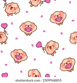 Cute seashell with smiling face. Seamless pattern. Kawaii cartoon character. Hand drawn style. Vector drawing. Design ornaments.