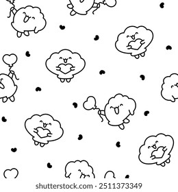 Cute seashell with smiling face. Seamless pattern. Coloring Page. Kawaii cartoon character. Hand drawn style. Vector drawing. Design ornaments.