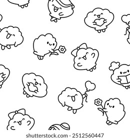 Cute seashell with smiling face. Seamless pattern. Coloring Page. Kawaii cartoon character. Hand drawn style. Vector drawing. Design ornaments.