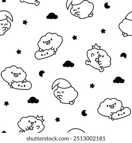 Cute seashell with smiling face. Seamless pattern. Coloring Page. Kawaii cartoon character. Hand drawn style. Vector drawing. Design ornaments.