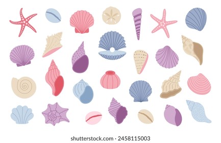 Cute seashell, starfish, clam. Sea shell set. Hand drawn vector illustration isolated on white background