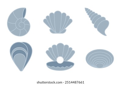 Lindas conchas, estrelas-do-mar, moluscos. Conjunto de conchas do mar. Ilustração de vetor desenhada à mão isolada no branco