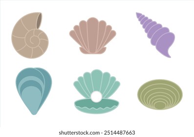 Lindas conchas, estrelas-do-mar, moluscos. Conjunto de conchas do mar. Ilustração de vetor desenhada à mão isolada no branco