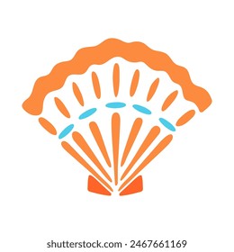 Cute seashell vector illustration. Simple shell shape in modern hand drawn flat style isolated on white background. Nautical marine symbol. Orange scallop drawing. Summer beach vacation icon