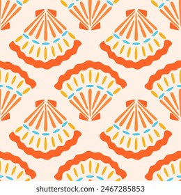 Cute seashell vector seamless pattern. Bright marine repeat surface design with orange scallop shells in modern hand drawn flat style on cream off-white background. Summer nautical illustration