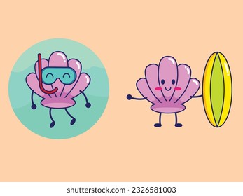 Cute seashells cartoon style vector. Purple seashells. Summer clipart element. Cute seashells illustration for summer, kids, vacation beach object.