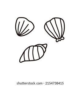 Cute seashells of different shapes isolated on white background. Vector hand-drawn illustration in doodle style. Perfect for summer designs, card, logo, decorations.