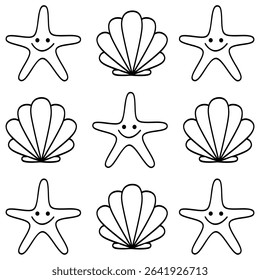 cute seashells hand drawn black and white. Sea elements. Vector for coloring pages and coloring books for kids