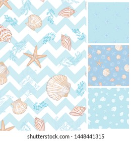 Cute seashells pattern collection. Vector, illustration, set.