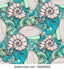 Cute seashells pattern with swirls and nautilus 