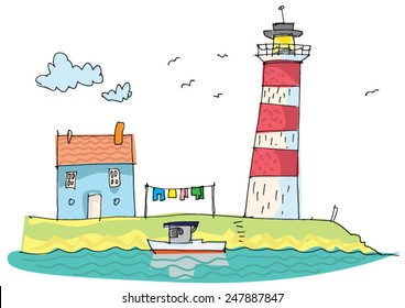cute seaside house near lighthouse - cartoon