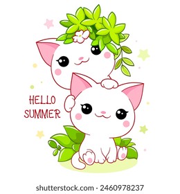 Cute season card in kawaii style. Two lovely little cats with green leaves. Inscription Hello summer. Can be used for t-shirt print, stickers, greeting card design. Vector illustration EPS8