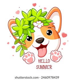 Cute season card in kawaii style. Little corgi puppy with green leaves. Inscription Hello summer. Can be used for t-shirt print, stickers, greeting card design. Vector illustration EPS8