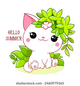 Cute season card in kawaii style. Lovely little cat with green leaves. Inscription Hello summer. Can be used for t-shirt print, stickers, greeting card design. Vector illustration EPS8