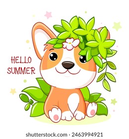 Bonita tarjeta de temporada en estilo kawaii. Pequeño cachorro de corgi con hojas verdes. Inscripción Hola verano. Se puede utilizar para la impresión de la camiseta, pegatinas, diseño de la tarjeta de felicitación. Ilustración vectorial EPS8