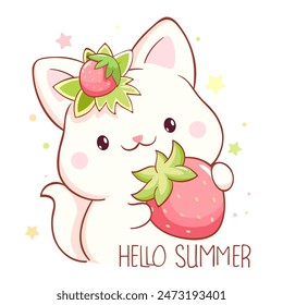 Bonita tarjeta de temporada en estilo kawaii. Precioso gatito con fresa. Inscripción Hola verano. Se puede utilizar para la impresión de la camiseta, etiqueta engomada, diseño de la tarjeta de felicitación. Ilustración vectorial EPS8