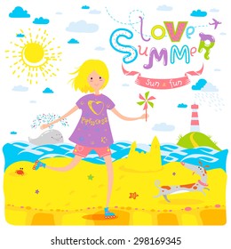 Cute seasonal banner with happy rollerskating teenage girl and dog. Summer beach, coast of the sea, sand, whale. Vector illustration for sticker, bookmark, greeting card or other childish accessories