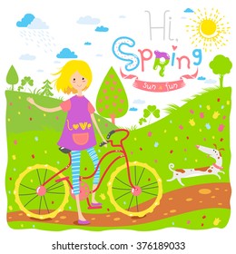 Cute seasonal banner with happy teenage girl with a bicycle and dog. Spring green fields, hills, park and road. Vector illustration for sticker, bookmark, greeting card or other childish accessories